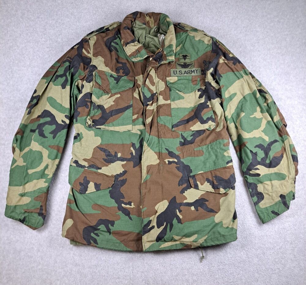 Cold Weather Field Coat Mens M Long Woodland Camo Lined Hood US Army 1983